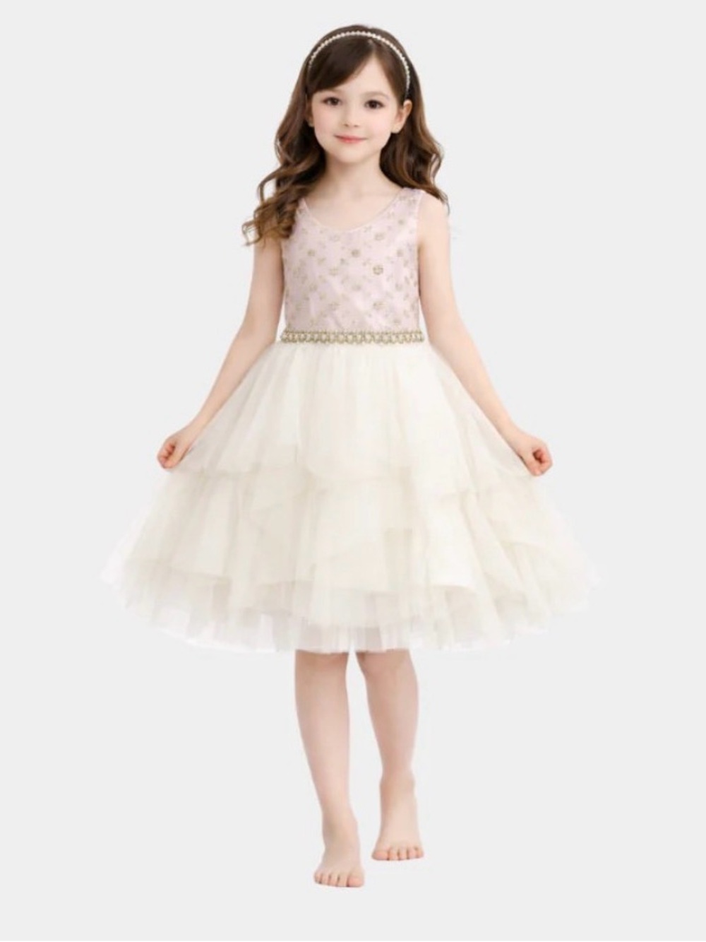 Girls Party Flower Girl Dress Size 3T Blush Pink Ivory Tulle Pearl Waist